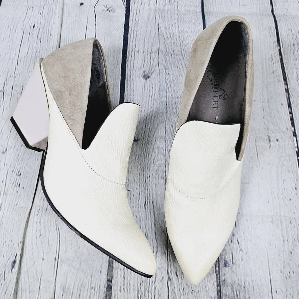 NAKED FEET | Sagitta patent & suede leather pointed toe heeled ankle booties - Picture 1 of 12